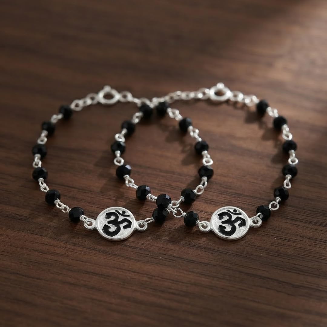 Parnika MJ 925 Divine Baby Nazariya (Kids Bracelet) in Pure 92.5 Sterling Silver for Kids - One Pair | Chandi Nazarbattu | Silver Ponchi | (Om Enamel 1) 4