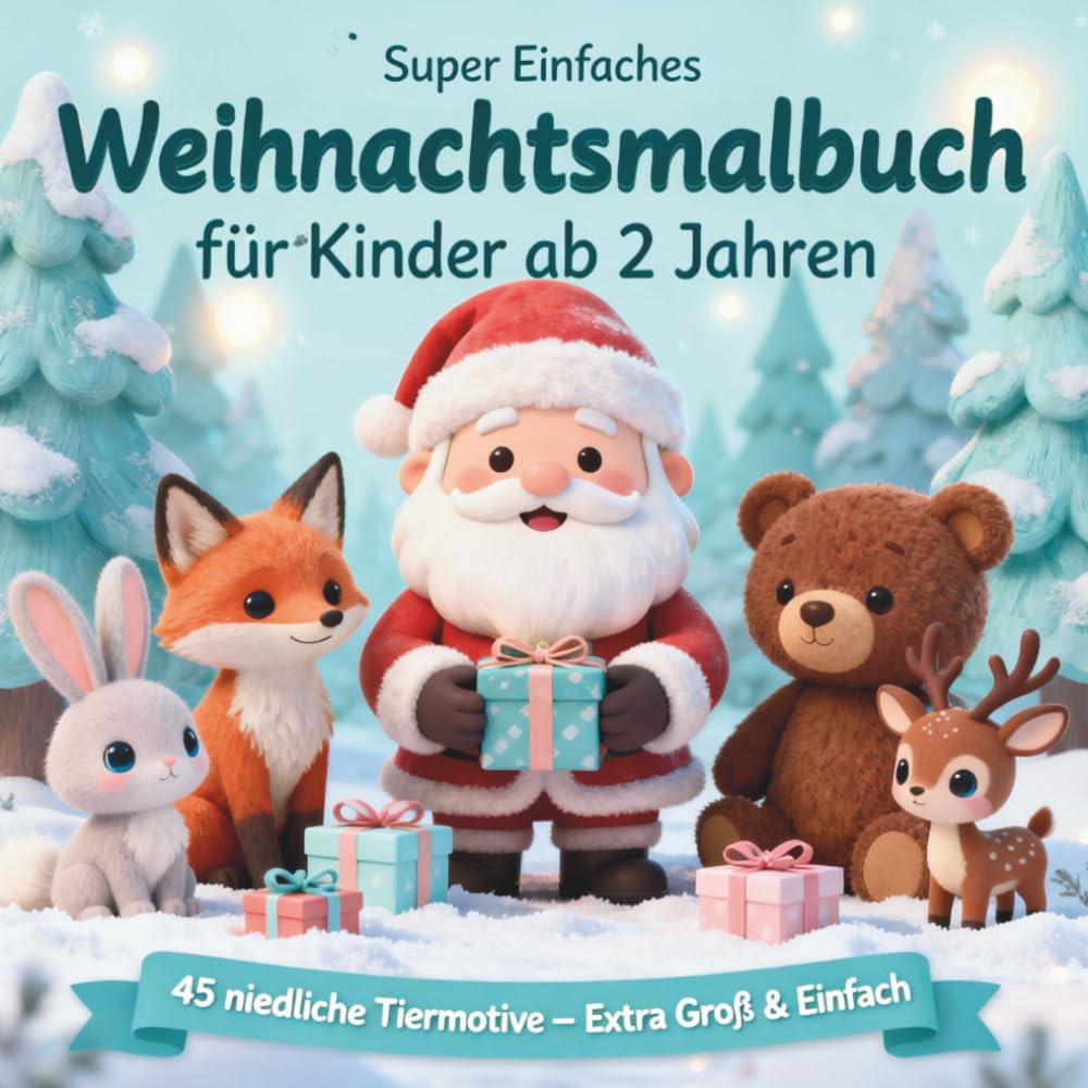 Super Einfaches Weihnachtsmalbuch für Kinder ab 2 Jahren: 45 Niedliche Tiermotive zum Ausmalen – Große Formen, Klare Linien und liebevolle Weihnachtsszenen für Kleine Hände