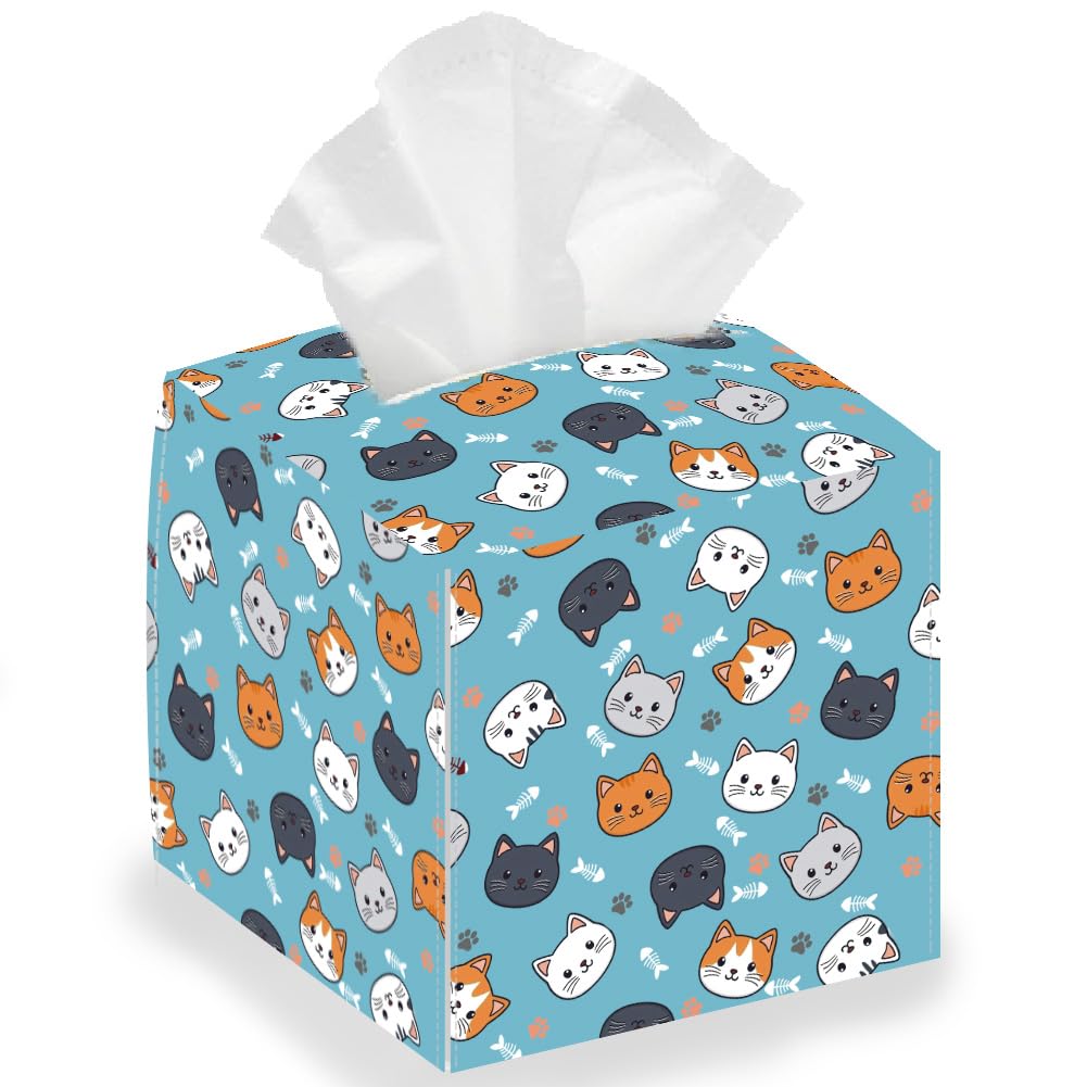 DELORIGIN Cute Cat Face Square Tissue Box Holder, Foldable Paper Towel Case, Polyurethane, Playful, Cute Cat Face