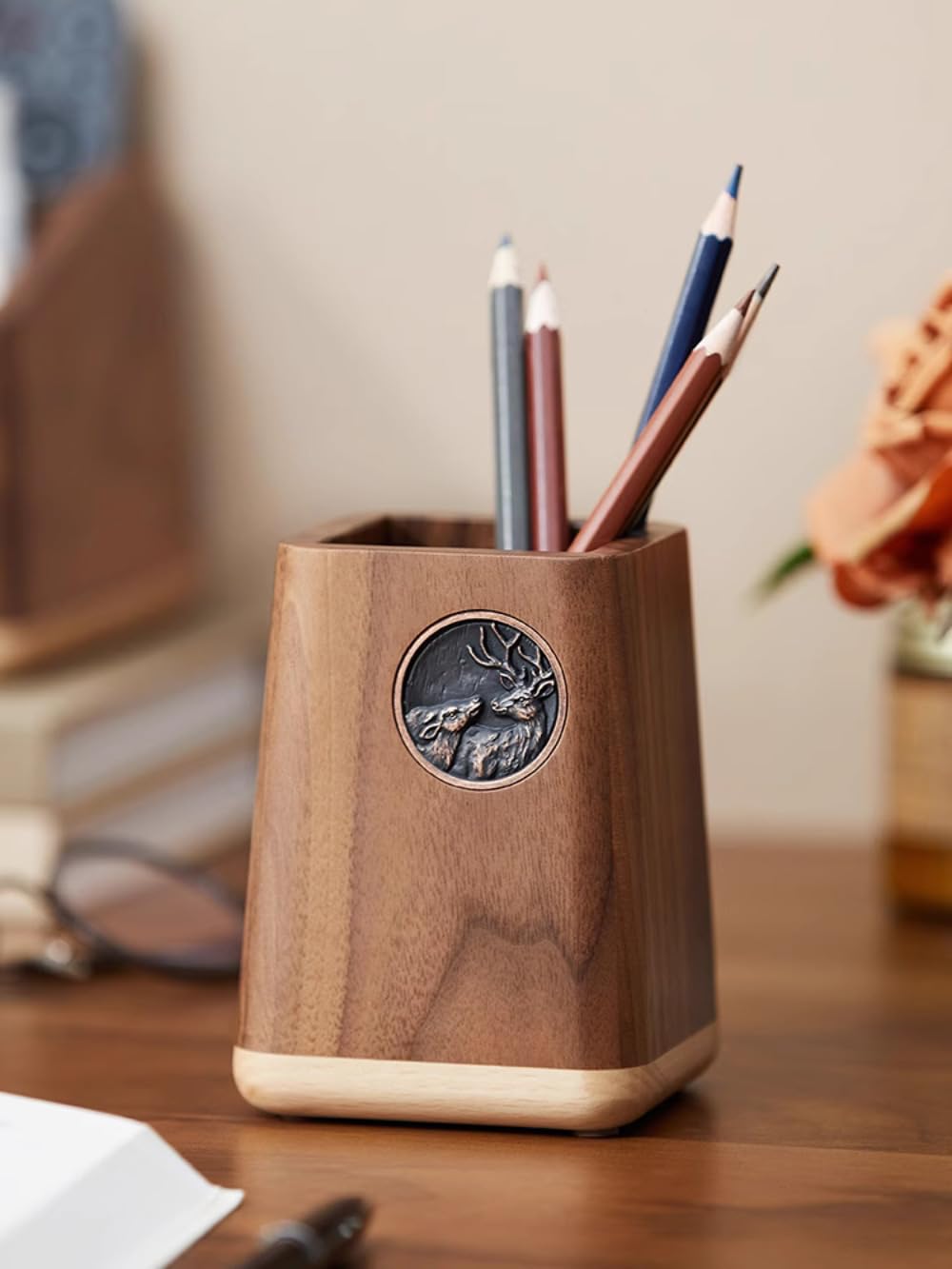 Porte-crayons en bois massif de 11,4 cm Boîte de rangement pour fournitures de bureau Porte-stylo en bois
