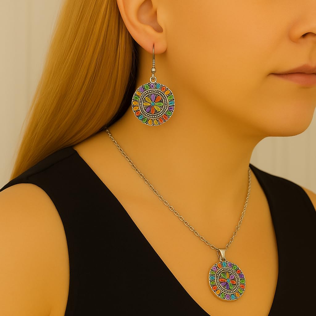 ZARZAMORA Conjunto a Juego -Pendientes y Colgante Bohemios Vintage Plata Tibetana Acabado Antiguo y Cadena de acero Inoxidable -Colgantes Mujer Esmaltados Redondos Étnico-Hippie-Regalo Original