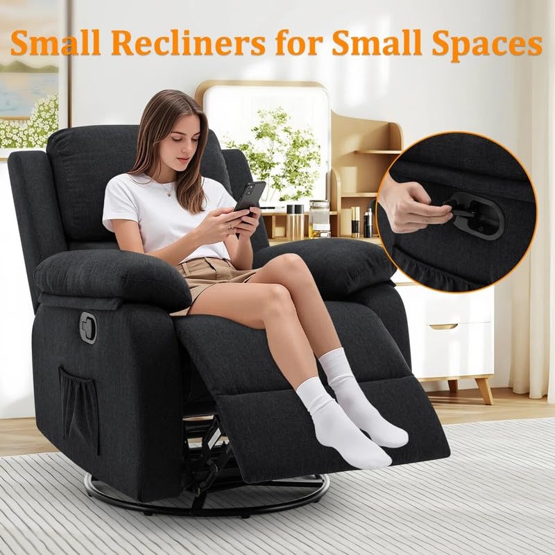 Image of Recliner Sofa 1 Seater | Manual Recliner Chair | 360 Swivel Rocker Recliners for Small Spaces,Rocker with Side Pockets Chairs for Living Room, Bedroom, Nursery, Black