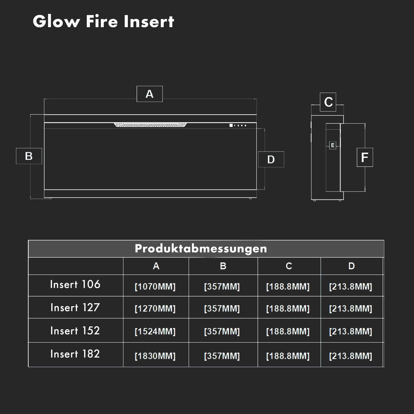 GLOW FIRE Kominek elektryczny Insert 106 z realistycznym ogniem LED 3D – ścienny kominek elektryczny z ogrzewaniem i ogniem, sterowanie za pomocą aplikacji, efekt trzaskania i timer, maks. 1800 W, 127