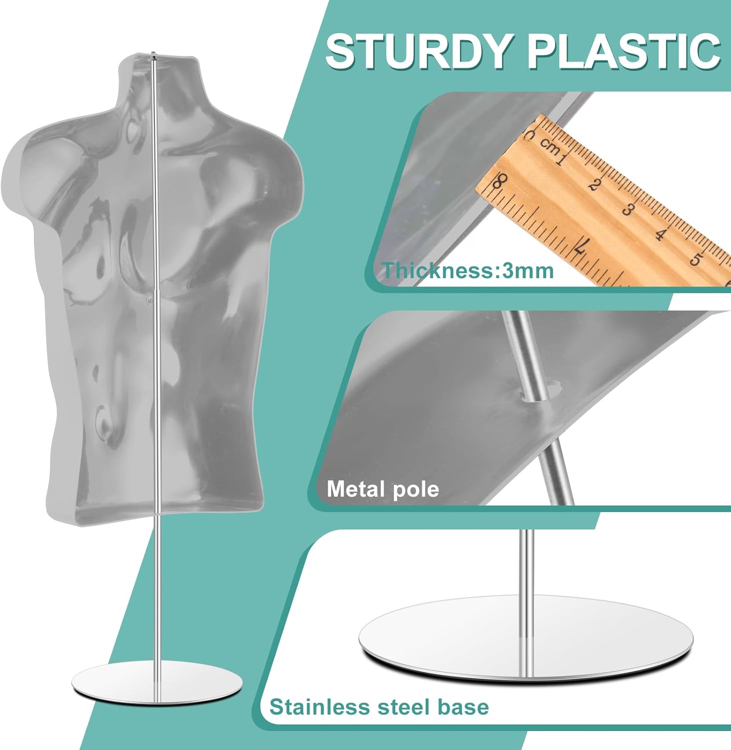 Geetery 2 Pack Male Mannequin Torso with Stand Hollow Back Dress Form Mannequin Body White Retail Mannequins Body Tshirt Display with Metal Pole and Hanging Hook for Counter Craft Shows, S M Size