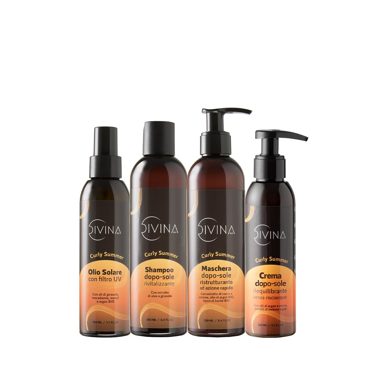 Kit Curly Summer trattamento completo specifico per l'estate per capelli mossi, ricci, super-ricci, afro by Divina BLK, 4 prodotti