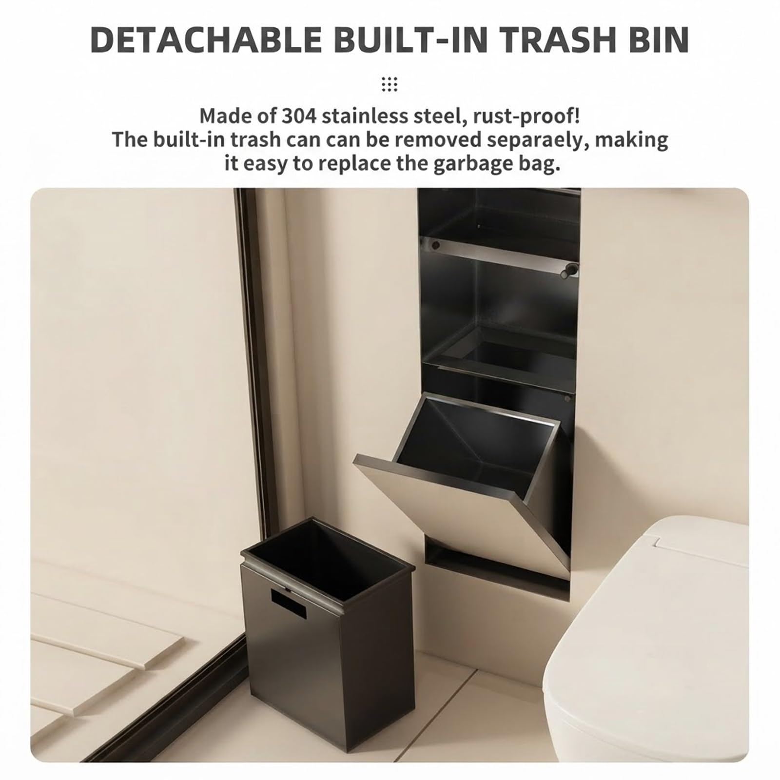 Nicho de Pared para alicatar, Portarrollos con Papelera Oculta, Mueble Empotrado de baño en Acero INOX 304, Diseño Minimalista 4-en-1