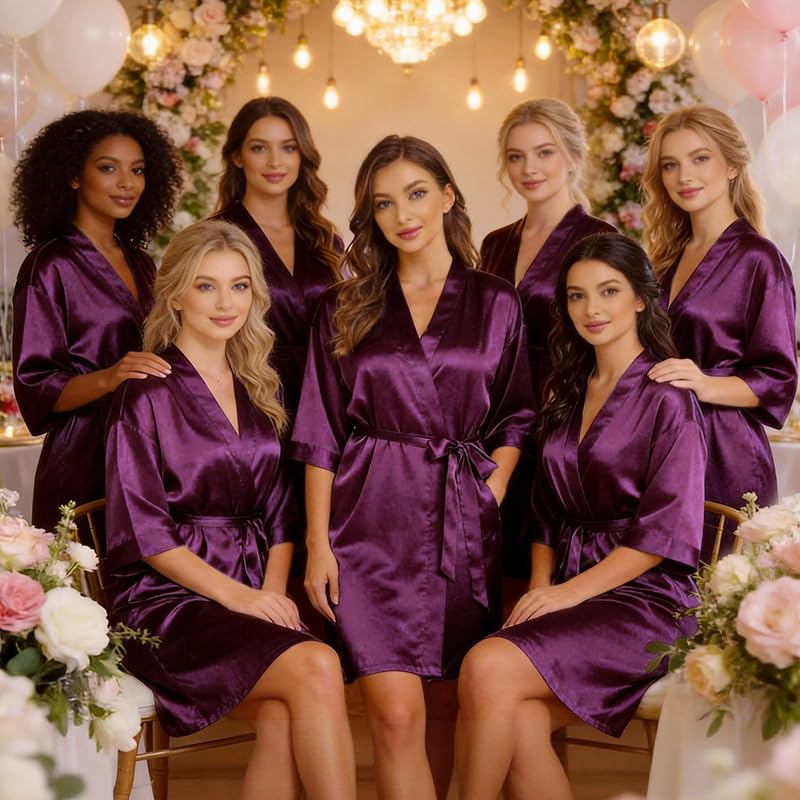 Image of Women's Bride Bridesmaid Robes Short Satin One Size Silver Rhinestones Wedding Party Getting Ready Sleepwear