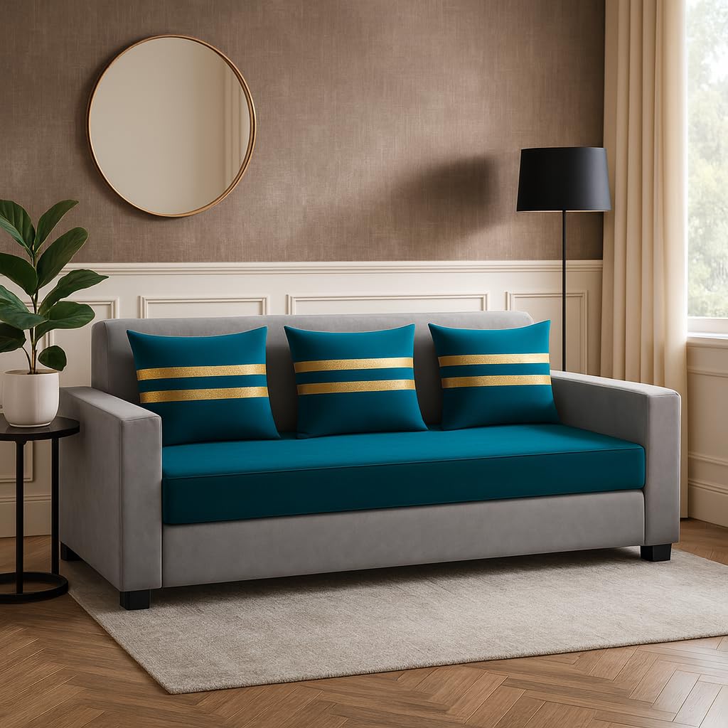 Lexico 3 Seater Sofa Set | Soft Velvet Suede Fabric | Modern Design | Plush Comfort Cushions for Living Room, (Golden Stripped Cushion-Light Grey-Aqua Blue) Lexico 3 Seater Sofa Set | Soft Velvet Suede Fabric | Modern Design | Plush Comfort Cushions for Living Room, (Golden Stripped Cushion-Light Grey-Aqua Blue)
