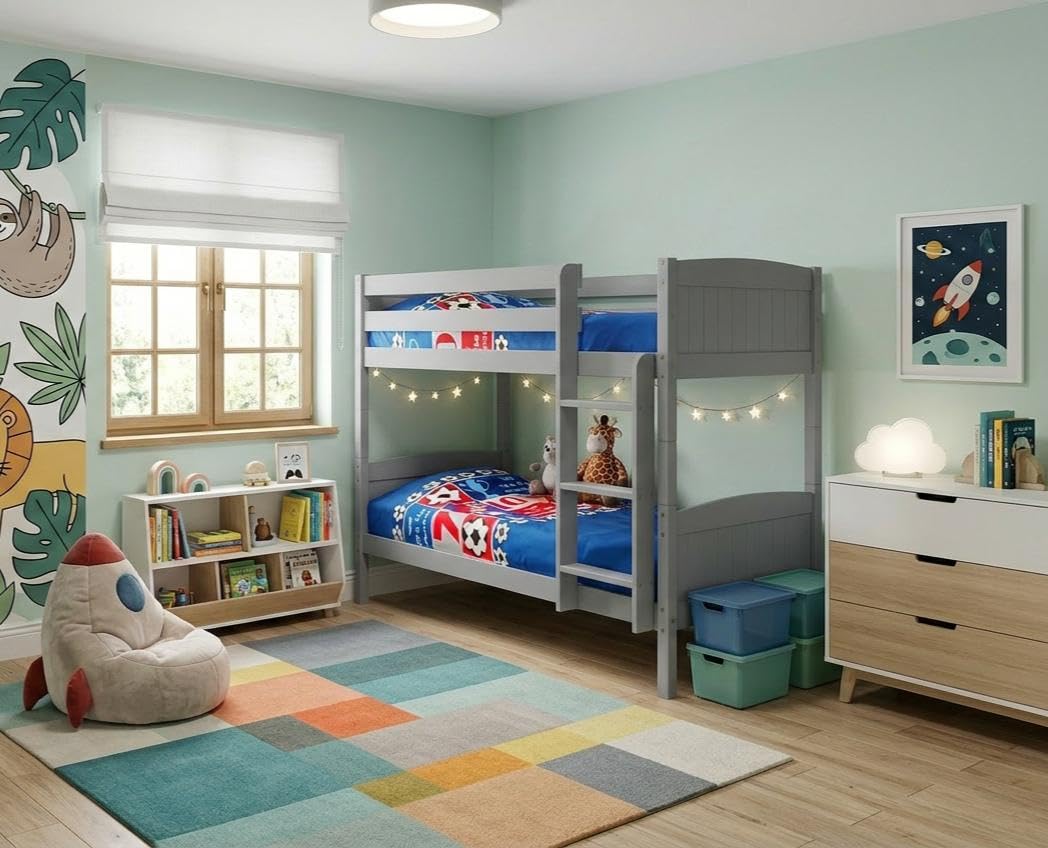 Comfy Living Grey Shorty 2ft6 Single Kids Childrens Wooden Bunk Bed With Mattress Options (No Mattress)