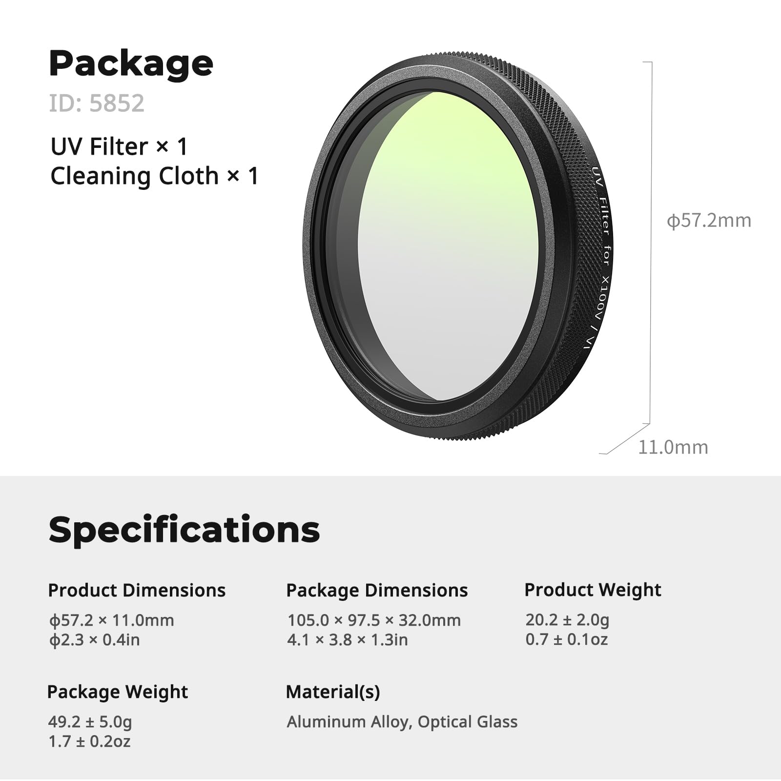 SmallRig Filtro UV para FUJIFILM X100VI / X100V, 99% de transmisión de luz, lente de vidrio óptico, impermeable y antiarañazos, marco de aluminio ligero, filtro de protección de lentes, paño de