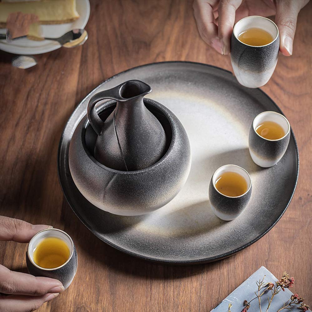 Juego de Sake de 7 Piezas, Juego de Sake de cerámica en Blanco y Negro de Dos Colores con Olla Caliente y Bandeja, para frío/Caliente/Shochu/té, Color increíble