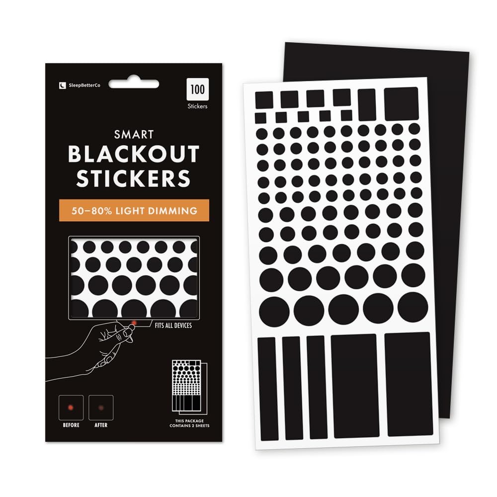 Blackout Stickers, Blocks Light from LED, 100 pcs on one Sheet in Different Sizes, Choose Between 100% Blocking or 50-80% dimming Stickers (50-80% dimming)