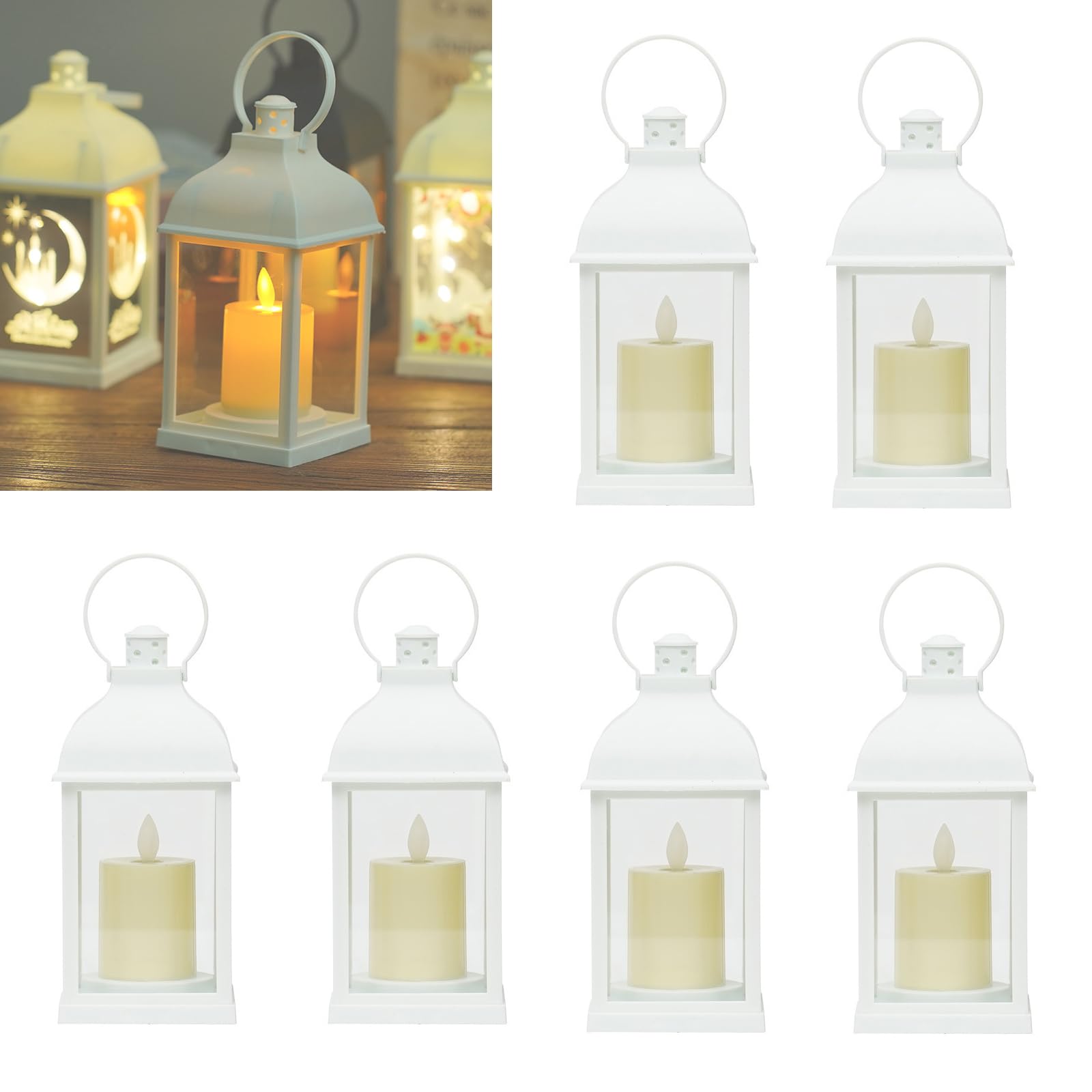 Lot de 6 Lanterne Décorative Blanche Lanterne Exterieur Jardin Lampe Décoration de Table de Mariage avec Bougie LED Flamme Vacillante, Intérieur Exterieur Jardin pour Balcon Terrasse Cour Decoration