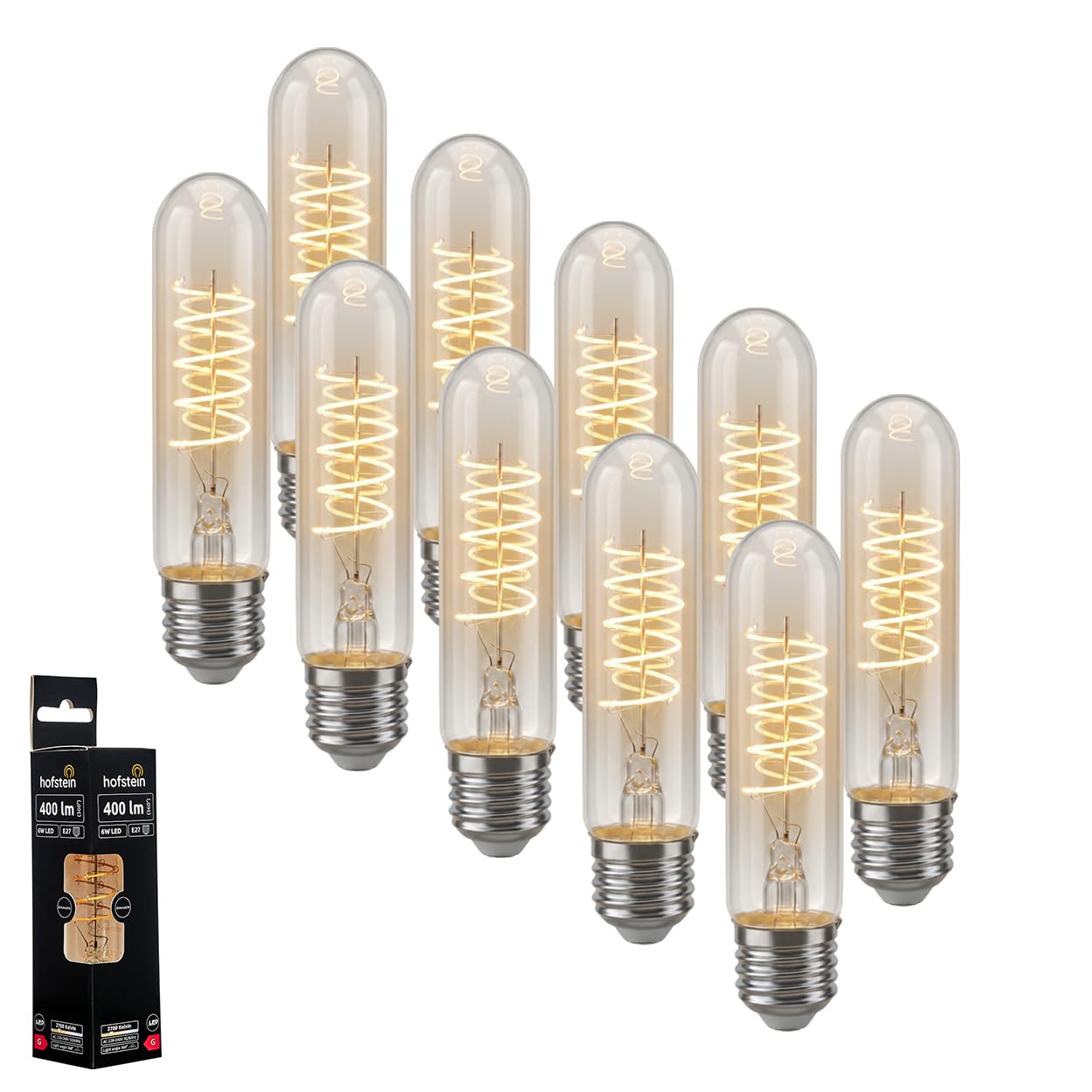 HOFSTEIN E27 LED Warmweiss Glühbirne 10er Set 6 Watt 2200 Kelvin 360 Lumen T30, Vintage Leuchtmittel Kolben Stab Mit Gedrehtem Filament Für Wohnräume Esszimmer Flur Küche Wohnzimmer