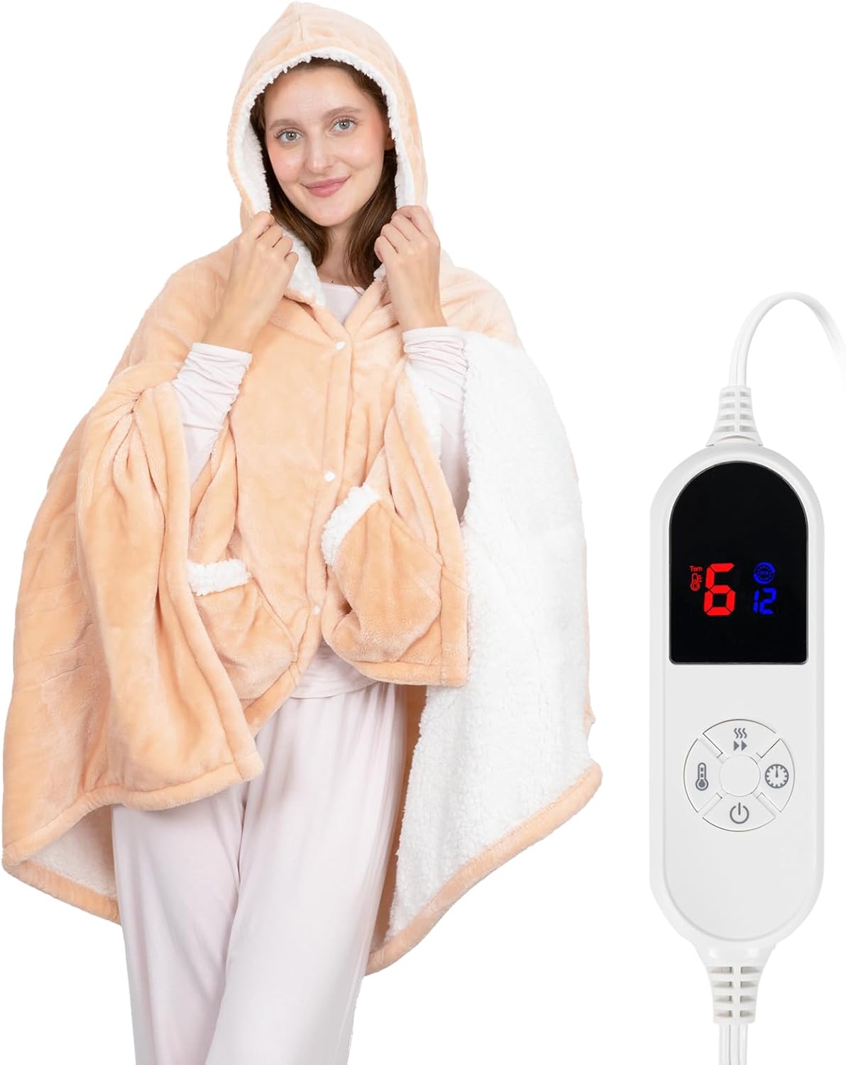 Wearable Heated Throw Blanket, Electric Heated Wrap Poncho Shawl & Hoodies with Pockets, 7 Heating Levels & 4 Hours Time Settings, Machine Washable with ETL Certification 40" x 70", Beige