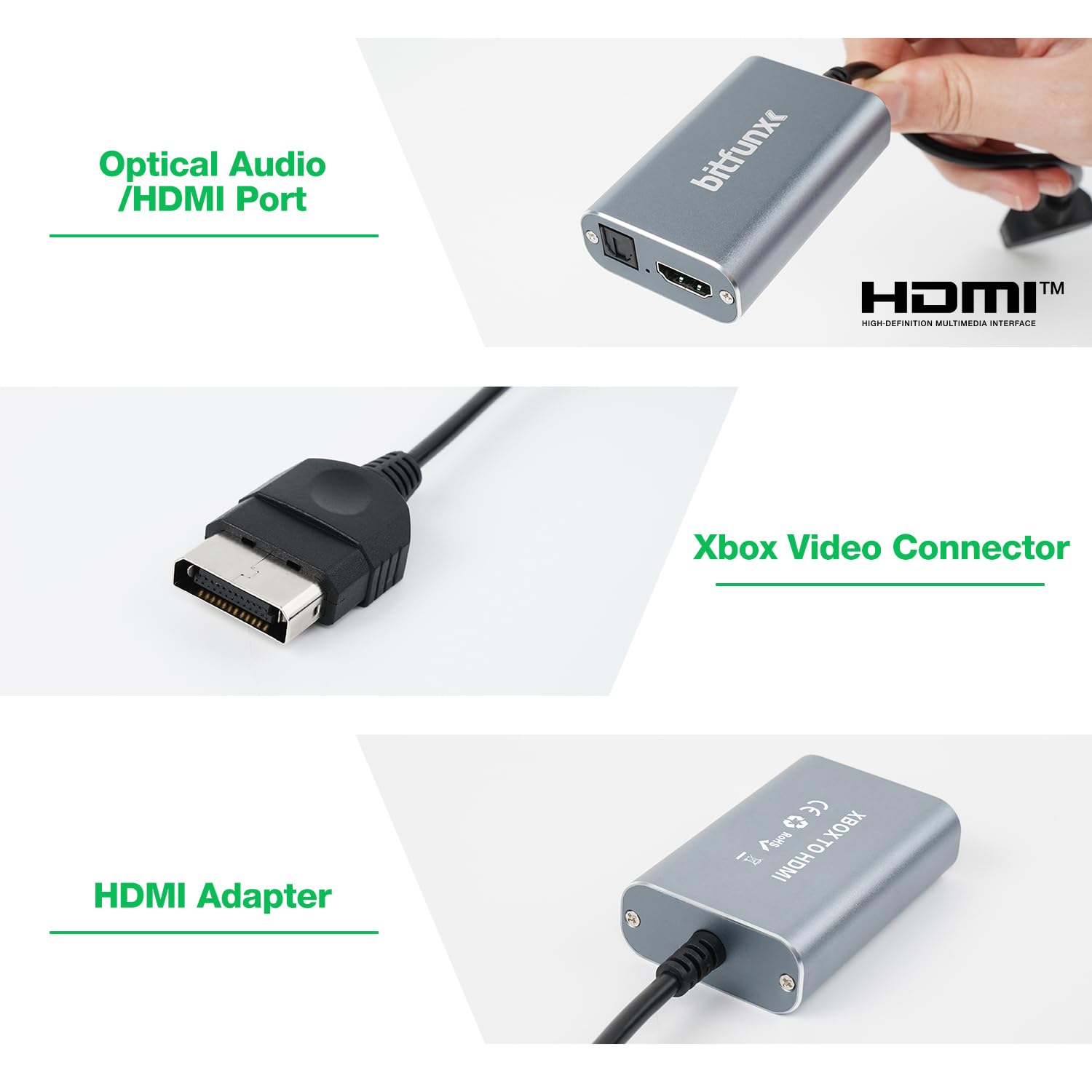 BITFUNX Adaptador HDMI para consola Xbox, convertidor HDMI para consola Xbox, compatible con cable HD que acepta sonido envolvente digital Dolby 5.1, adaptador de videojuegos Plug and Play sin