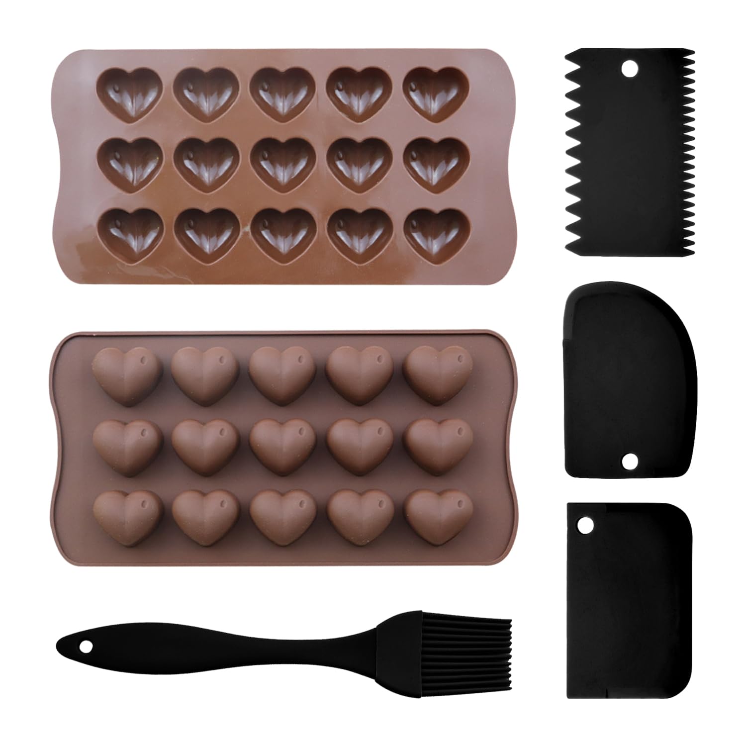 TVSVKWE 2 Pieces Heart-Shaped Chocolate Silicone Mold, 1 Piece Baking Brush, 3 Pieces Multi-Function Scraper, Diy Dessert Accessories, Kitchen Tools, Can Make Candies And Jelly.