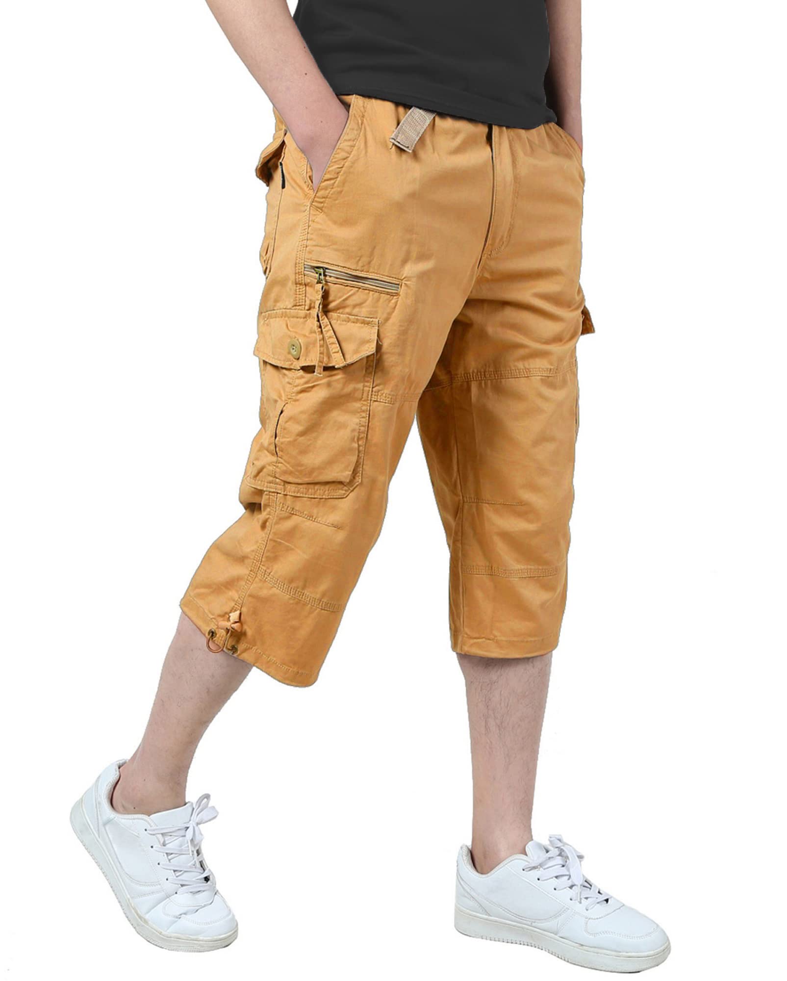 TIANBA Mens 3/4 Long Cargo Shorts Loose Fit Elastic Work Capri Shorts Below Knee Casual with 7 Pockets