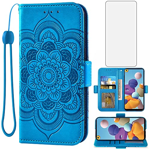 Asuwish Cover per Samsung Galaxy A21S con Pellicola Vetro Temperato Vetrino Portafoglio Libro Pelle Porta Carte Supporto Protettivo Protezione None Resistente Protettiva Cavalletto Custodia Case Blu