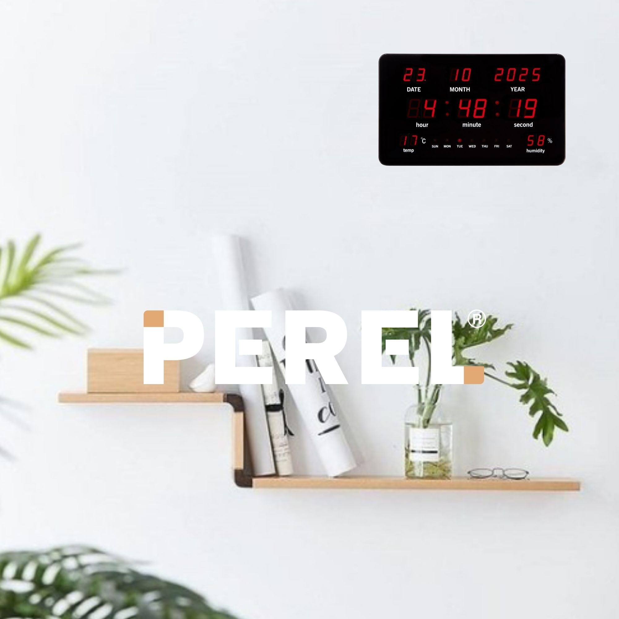 Perel Orologio da parete digitale nero, grande display LED 37.5x25.5cm, LED rossi, orologio digitale con calendario, ora, data, temperatura e umidità, termometro e igrometro, per ufficio, laboratorio