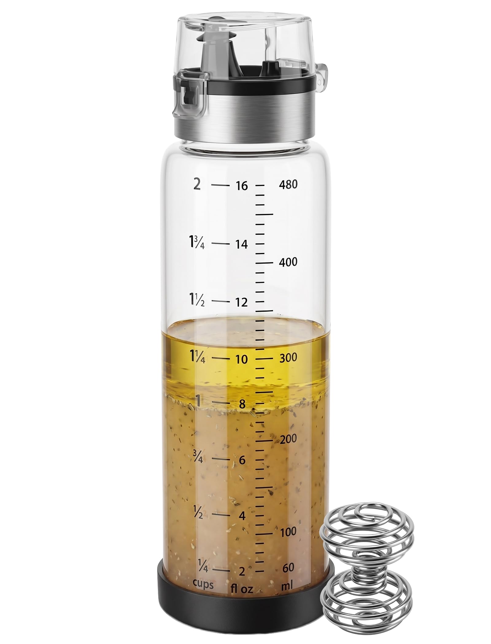 NiHome Glass Salad Dressing Shaker Bottle 16oz with Mixing Ball, Black