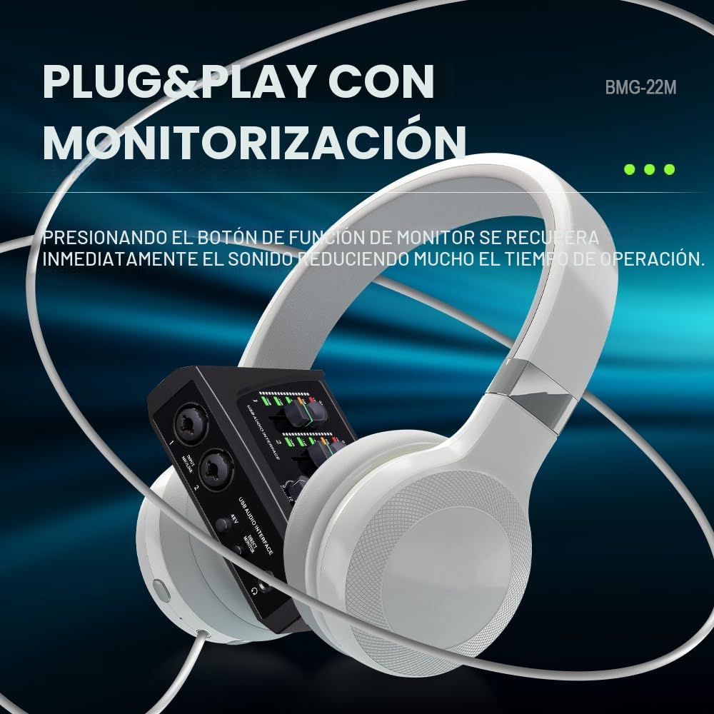 BOMGE Mini interfaz de audio USB de 2 canales para grabación, transmisión y podcasting, con alimentación fantasma XLR/48V, audio de calidad de estudio para guitarrista, vocalista,