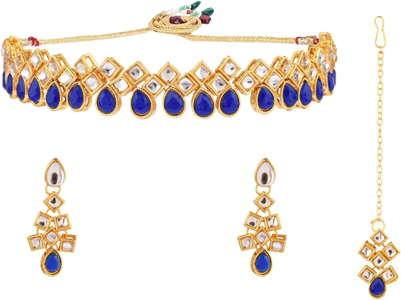 Efulgenz Indian Jewelry Set Antique Vintage Bollywood Crystal Choker Kundan Necklace and Dangle Earrings with Maang Tikka Ethnic Traditional Wedding Bridal Jewelry Sets for Women