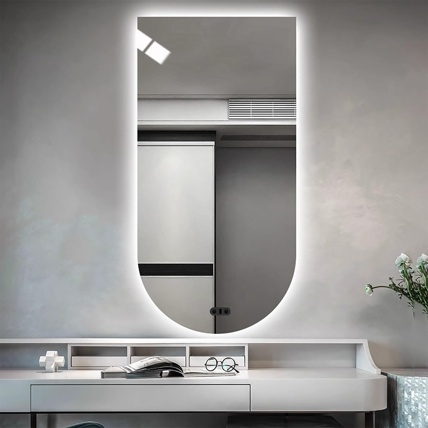 WQZzjm LED Backlit Bathroom Mirror 130cm, Adjustable Brightness, 3 Color Options, AntiFog, Decorative Trendy Design (61 x 122 cm) (Upside Down 20X32in)