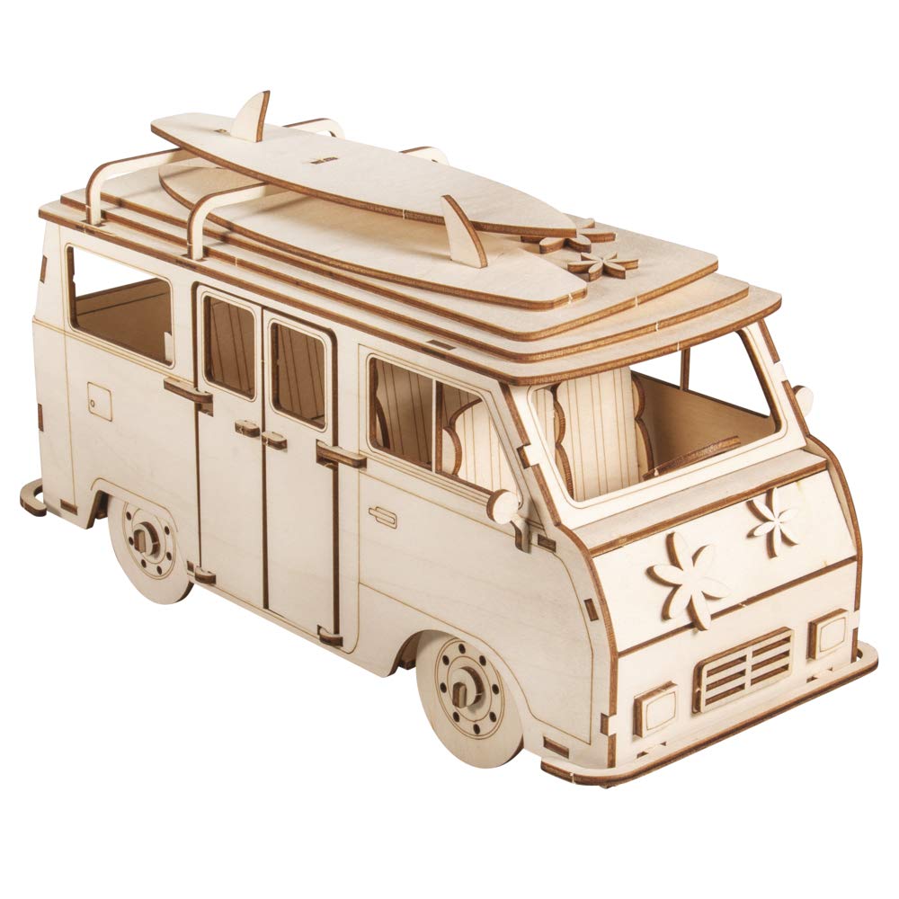 Rayher Natural Wooden Campervan Building Kit, Diy Construction Kit With Interlocking Parts, 79 Slot-Together Pieces, Wood, 30X13x17cm, 62879505