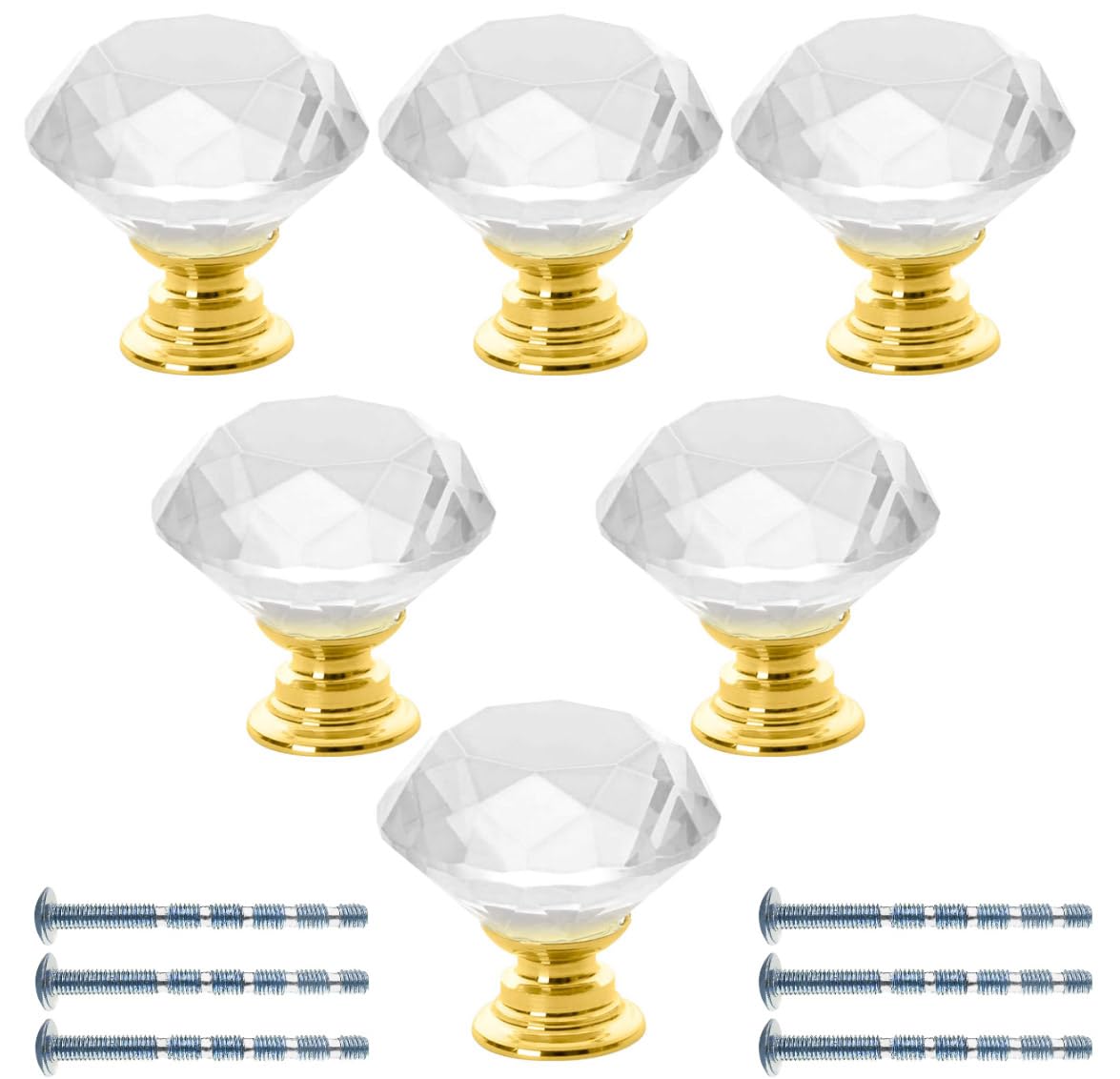 Akstore 6 Pcs Crystal Glass Cabinet Knobs 30mm Diamond Shape Drawer Kitchen Cabinets Dresser Cupboard Wardrobe Pulls Handles (Clear-Golden, 30mm)