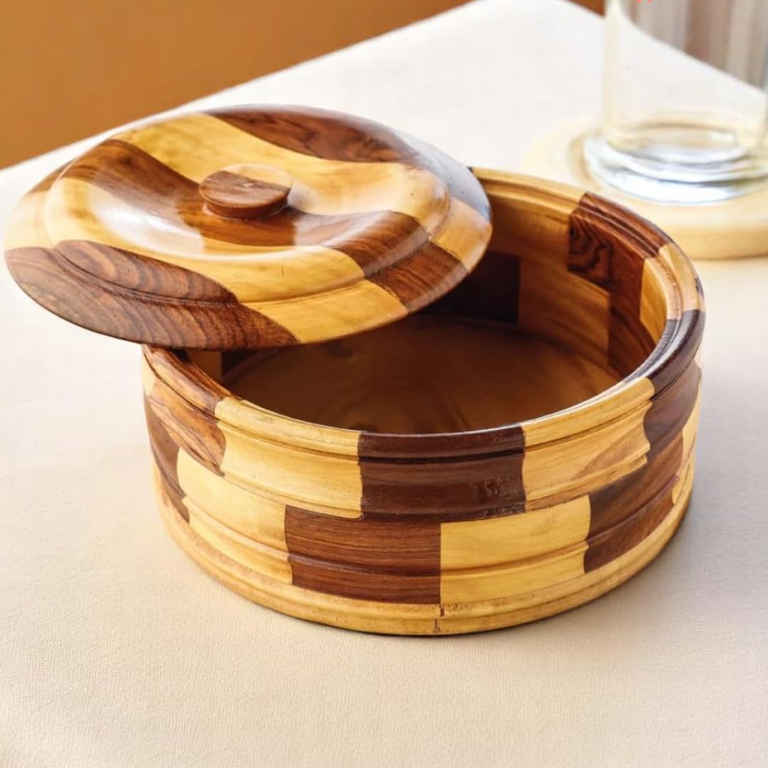 Casserole for Roti/Chapati | 9 Inch Chess Design Roti Box with Lid | Premium Wooden Roti Dabba for Kitchen & Dining Two-Tone Brown-image-25