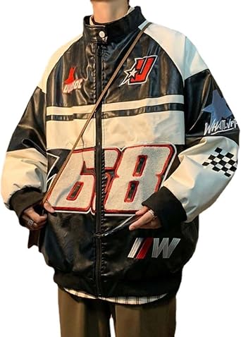 POHADON Mens Varsity Jacket PU Leather Vintage Racing Motor Biker Graphic Bomber Jackets Oversized Unisex Y2k Streetwear
