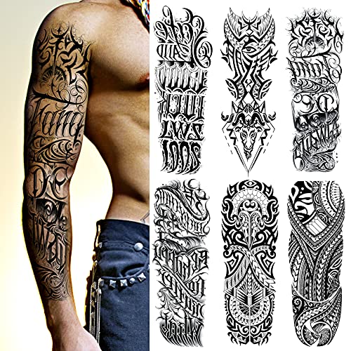 6 Sheets Large Tribal Totem Temporary Tattoo Sleeves For Men And Women, Waterproof Black Totem Realistic Full Temporary Tattoos For Adults #TOP13