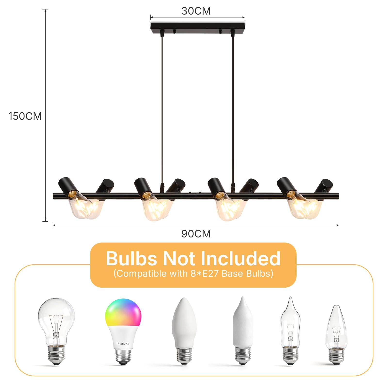 VivaLet Lampadario Soggiorno Moderni Nero, E27 Faretti Soffitto a 8-Luci, Testa Orientabile, Lampadario Vintage a Sospensione da Sala da Pranzo Regolabile in Altezza, Plafoniera Industrial per Cucina
