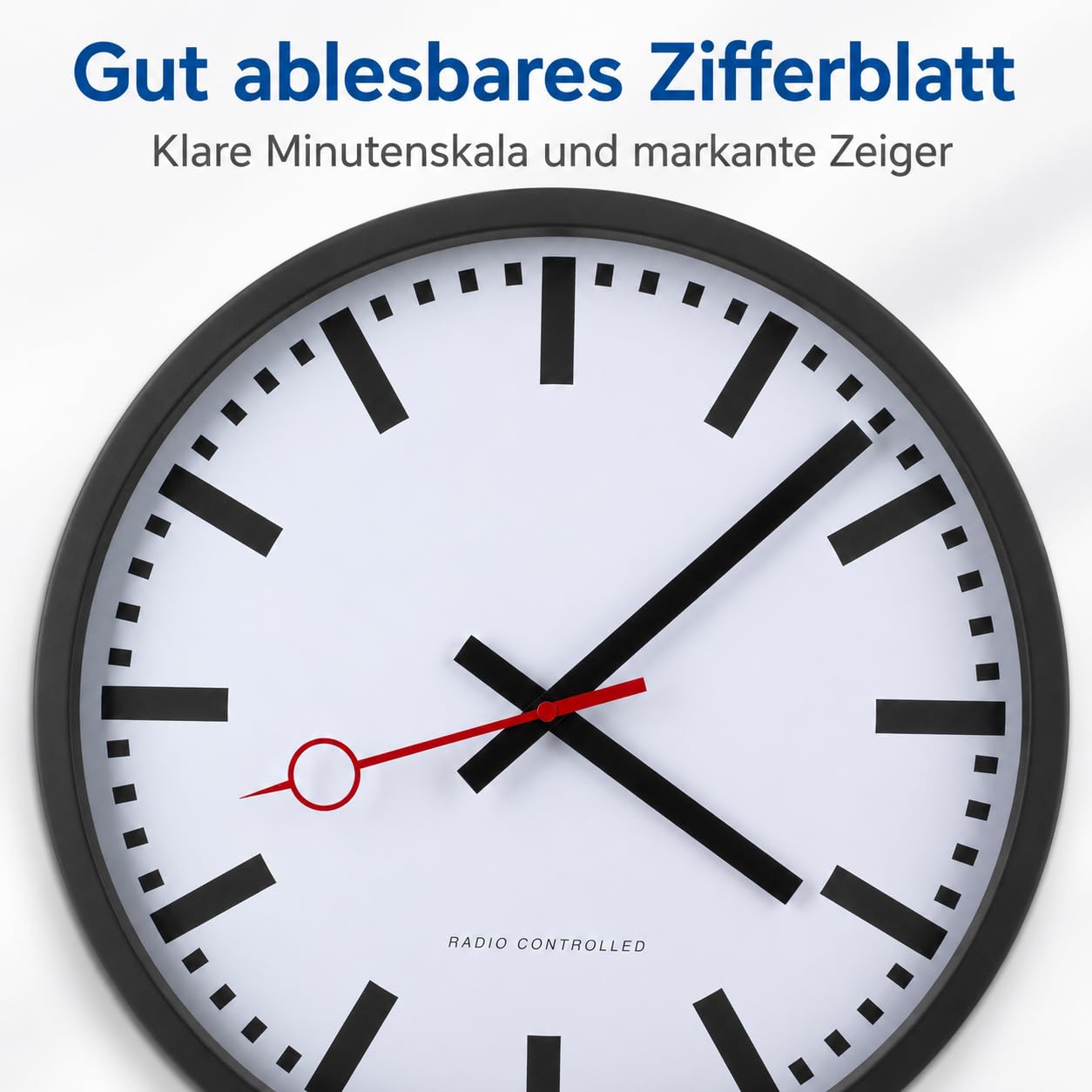 Eurotime Funkwanduhr, 35 cm, im Bahnhofsdesign, geräuscharmes Funkwerk, kein Ticken, Metallrahmen Mattschwarz, automatische Zeitein- und Zeitumstellung, für Wohnbereich oder Büro, 59530-05