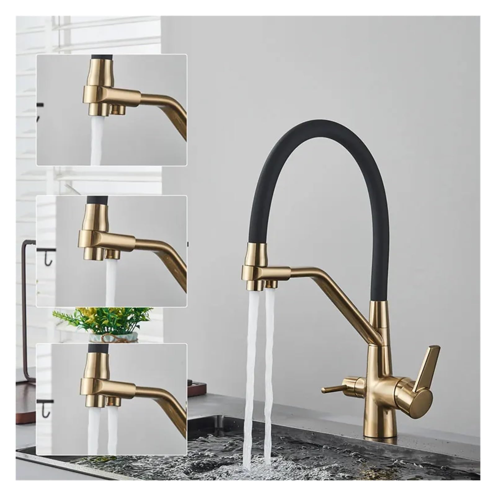1PCS Filtration Küchenarmatur Reinigung Küchenarmatur 360 Grad drehbarer Wasserfiltrationshahn Küche Dreiwege-Warm- und Kaltmisch-Spülbeckenhahn (Color : Brushed Nickel)