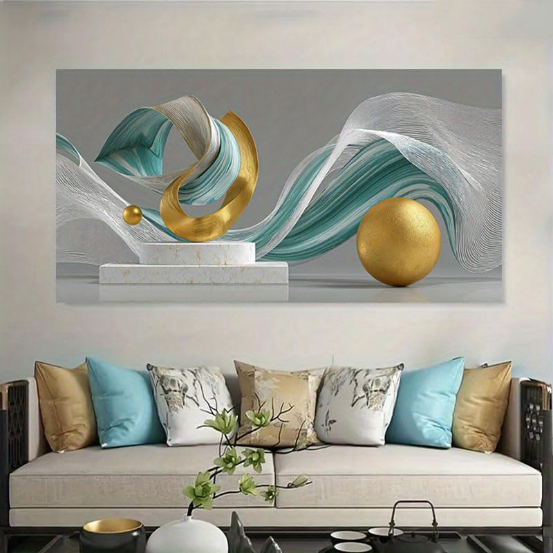 Cuadro abstracto moderno con formas onduladas, esfera dorada brillante y efecto mármol 4