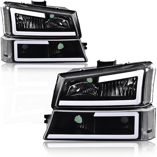 GRAND ORANGE LED DRL Headlight Assembly Compatible with Chevy Silverado 1500 2500 3500 HD Models 2003-2006/ Fit Avalanche 1500 2500 03-06 Headlamp Clear lens Black Housing Clear Reflector