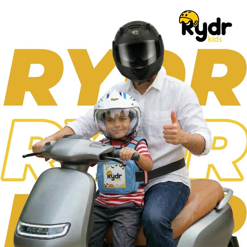 Image of RYDR Premium Motorcycle Safety Harness for Kids (2-12 Years) Adjustable Two-Wheeler Safety Belt for Child Rider with Reflective Strip & Storage Pocket (Blue, with Pocket)