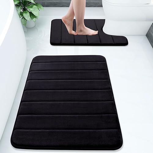 Buganda Juego de 2 tapetes de baño de espuma viscoelástica y tapete para inodoro en forma de U, lavable a máquina, suave, antideslizante,