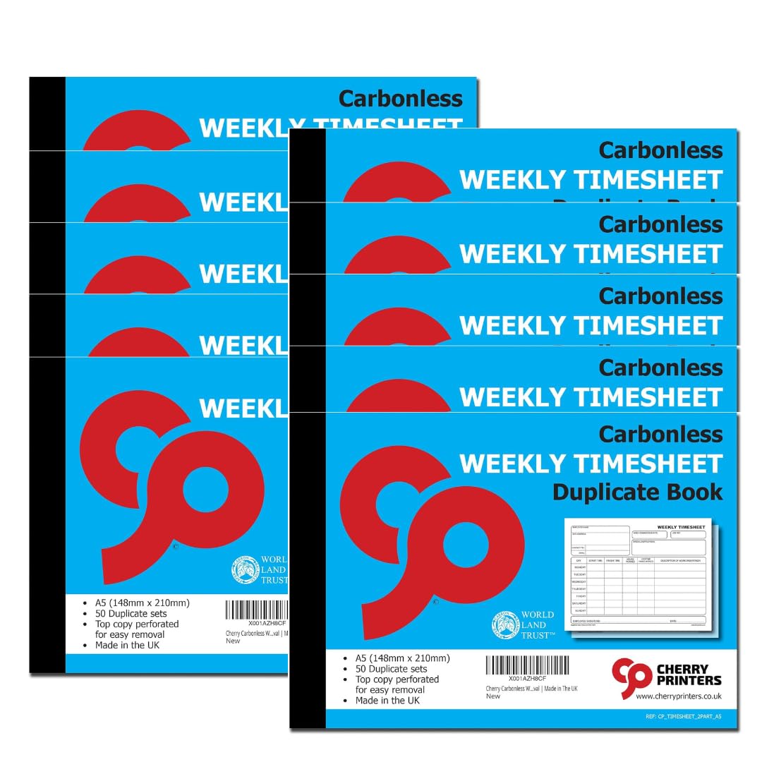 Cherry Printers Carbonless Weekly Timesheet Duplicate Book | A5 (148mm x 210mm) | 50 Perforated Sets for Easy Removal | Record Working Hours Overtime & Tasks | Made in The UK | Contractors 10 Pack