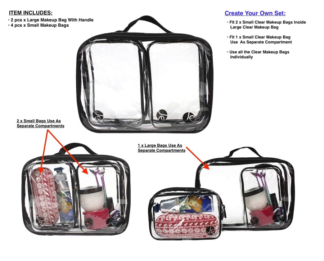 JAVOedge (6 PCS SET: 2 qty x Large Size, 4 qty x Small Size Clear PVC Cosmetic Makeup Organizer, Travel Toiletry Bag
