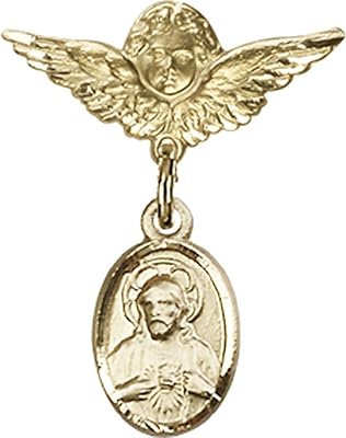 Gold Filled Baby Badge with Scapular Charm and Angel w/Wings Badge Pin 7/8 X 3/4 inches