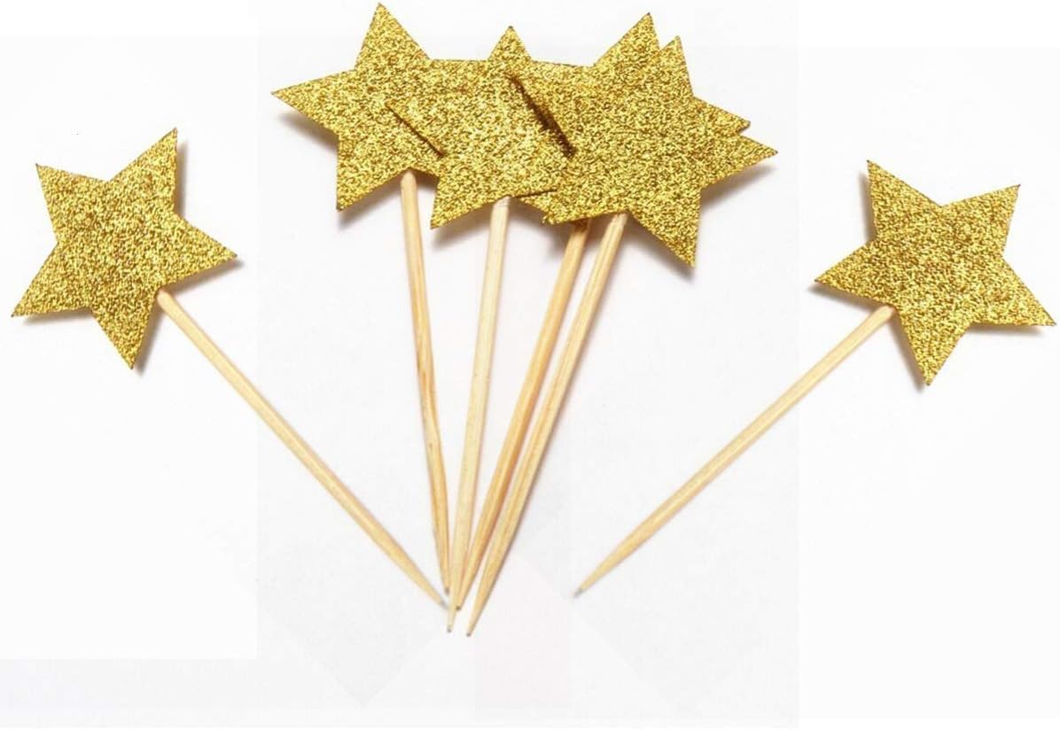 Set of 48pcs Twinkle Twinkle Little Star Cupcake Toppers Glitter Gold Party Cake Decorations DIY Glitter Mini Birthday Cake Christmas Day Supplies