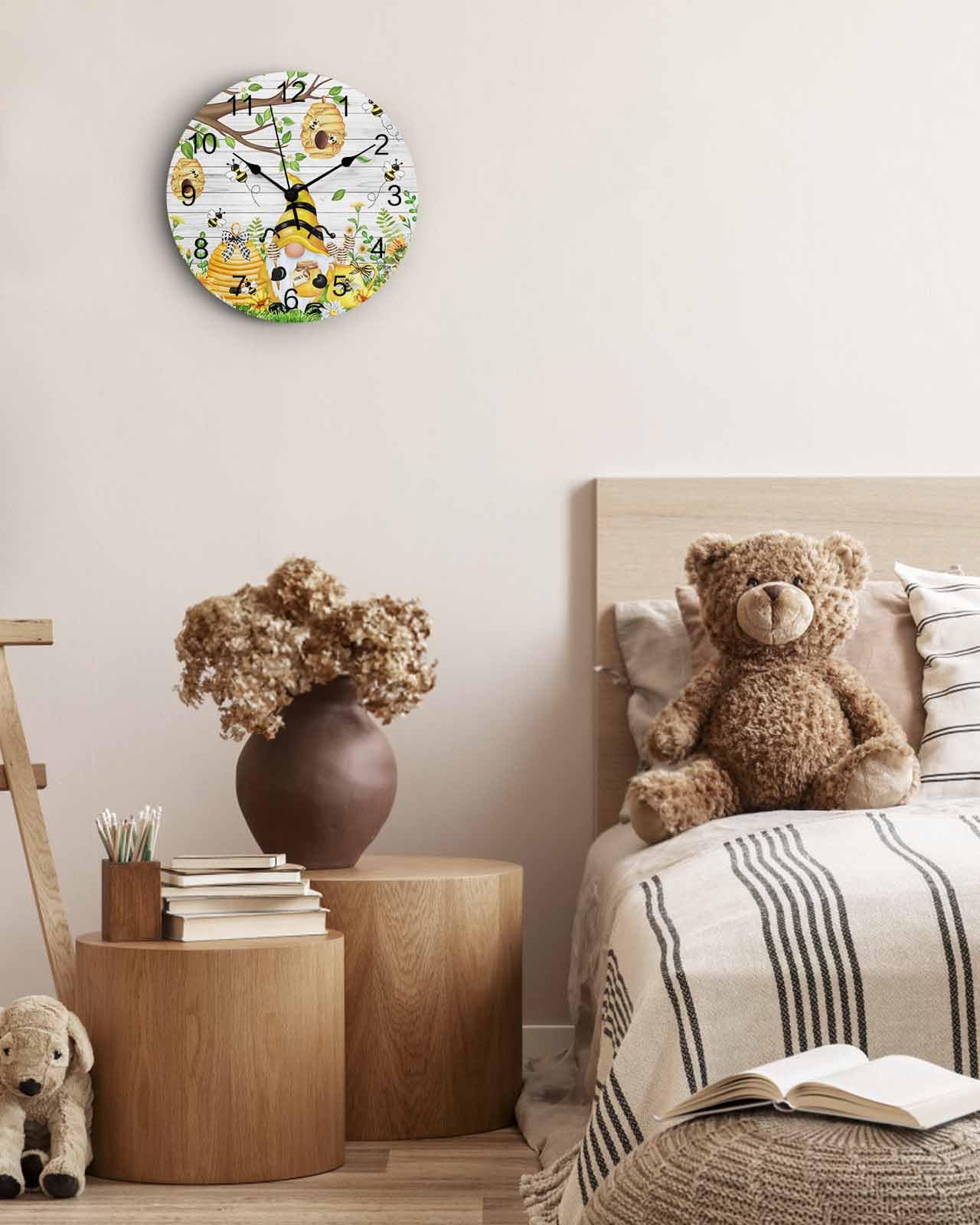 Horloge murale en PVC silencieuse, sans tic-tac, fonctionnant à piles, motif tournesol, marguerite, grain de bois, horloge ronde pour maison, salon, cuisine, chambre à coucher, bureau, école