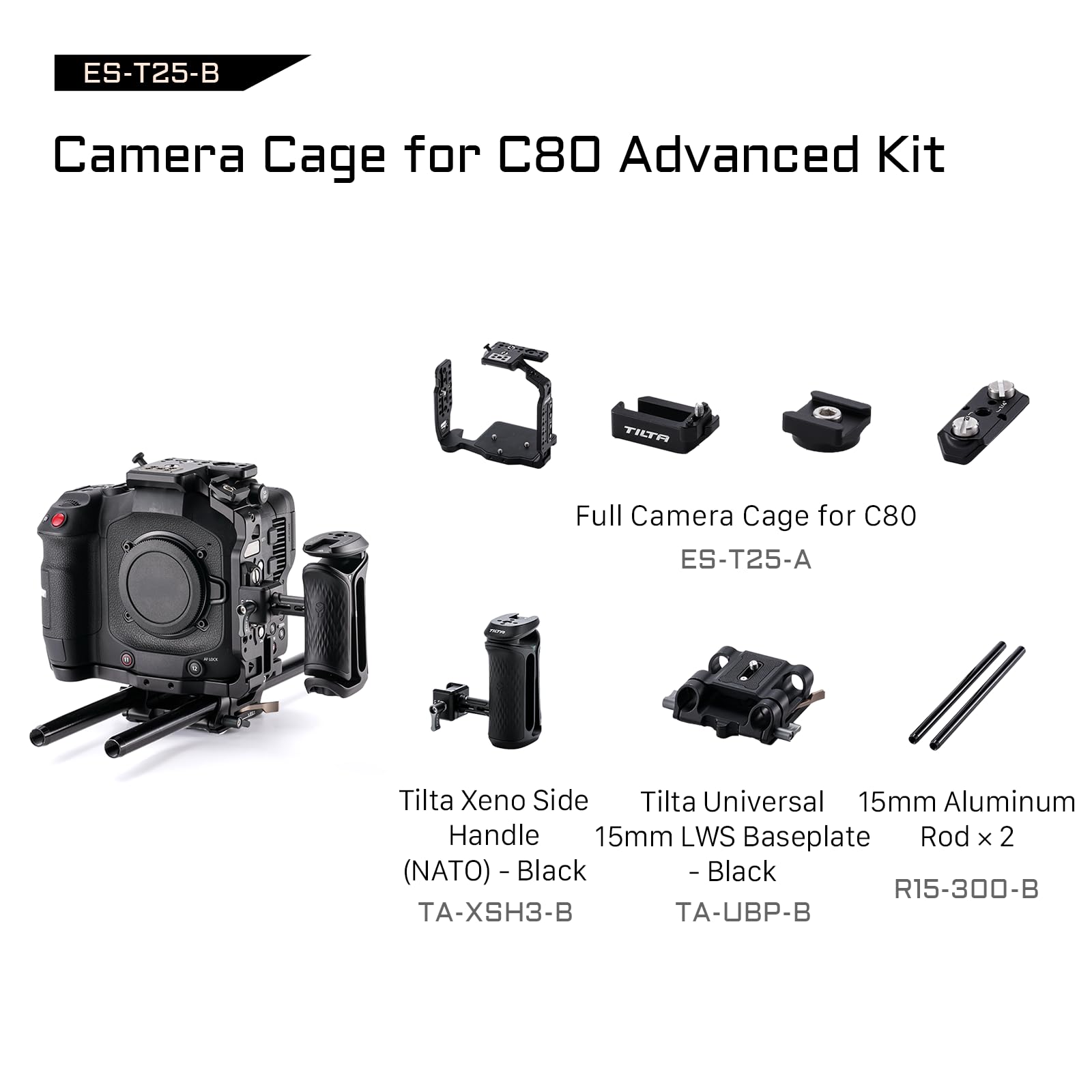 Tilta C80 Cage, Kamerakäfig Advanced Kit Kompatibel mit C80 mit 15mm LWS Grundplatte, Seitengriff ES-T25-B
