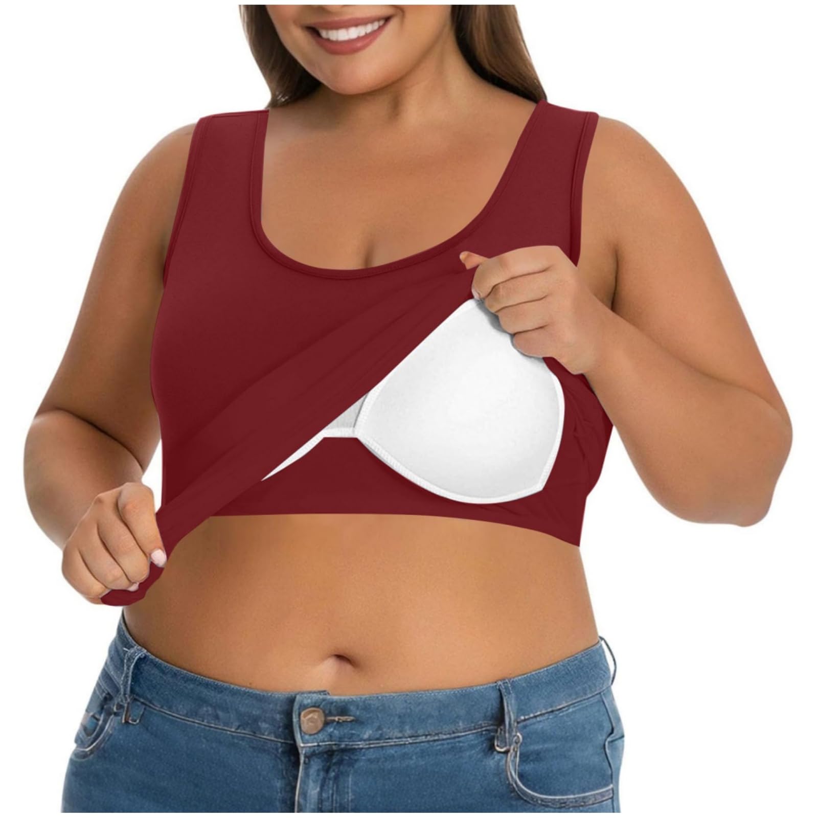Tank Top Damen BH Hemdchen Ohne Bügel,U Ausschnitt Ärmelloses Shirt Einfarbig Yoga Trägertop,Sommer Oberteil Große Größen Unterhemd mit BH Integriert,Lässige Sporttop Basic Achselshirt für Frauen