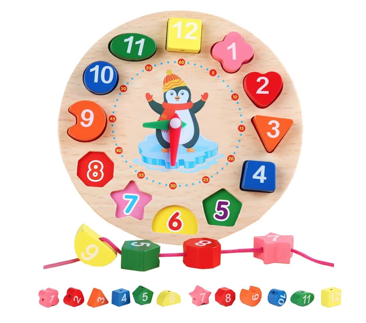 Lefan Wooden Learning Clock Board Number Lacing Toy Shape Sorting Matching Puzzle Travel Time Montessori Educational Toys for Kids/Toddlers (Round Number Lacing Toy Clock) (B0D815HCMC) Amazon Price History, Amazon Price Tracker
