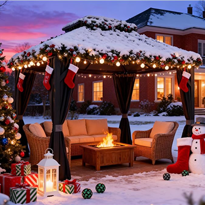 Endark 12x12FT Outdoor Hardtop Double Roof Gazebo with Galvanized Steel Roof, Heavy Duty Metal Frame Canopy with Mosquito Netting and Privacy Curtains (12 * 12FT)