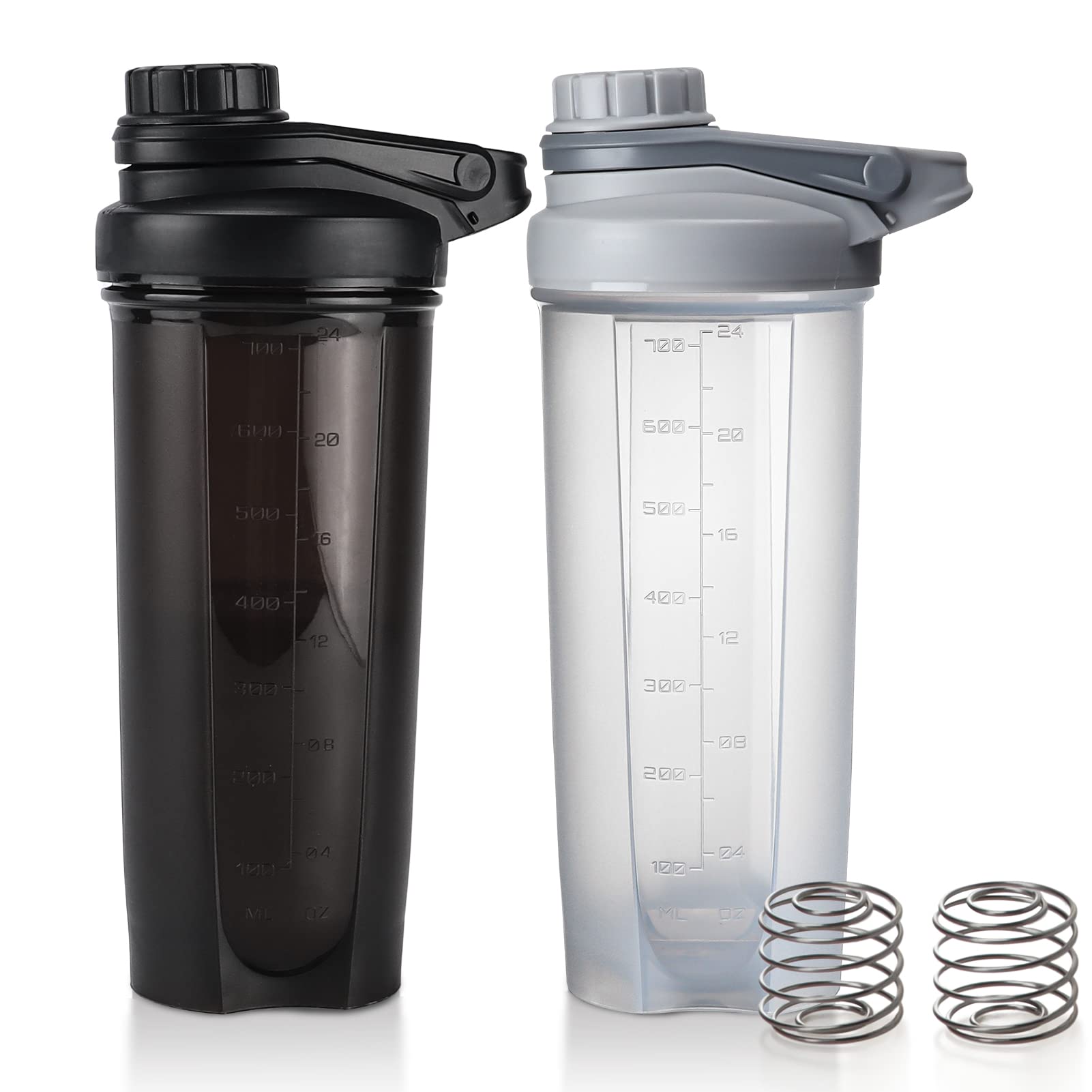 24 OZ Shaker Bottle for Protein Mixes 2 Pack, BPA Free Leakproof Portable Shaker Cups for Workout, Clear, Black